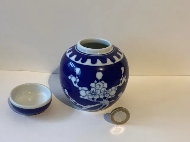 Chinese Ginger Jar Blue White 4” Prunus Blossom design Double Ring marked