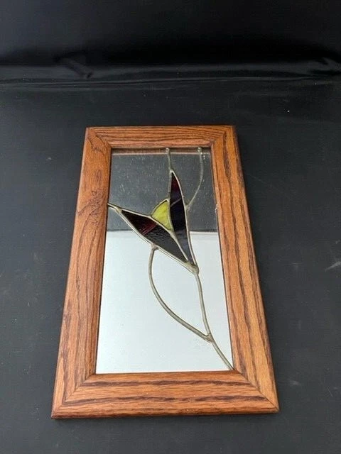 Vtg Stained Glass Mirror Wall Decor Tulip Flower Solid Wood Frame