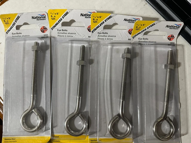 (4)National Hardware 5/16”x 5 Eye Bolt Stainless Steel w/Nut 130lb Load N422-478