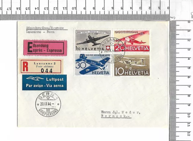 20.ix.44 Ersttagsbrief Eilsendung R Lausanne 2 par avion Bern Berneck ; 61669