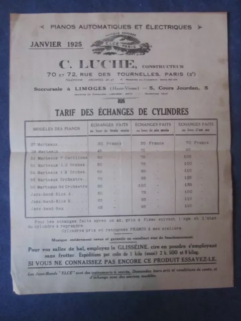 Ancienne Brochure Pianos Automatiques Luche Paris Cylindres 1925