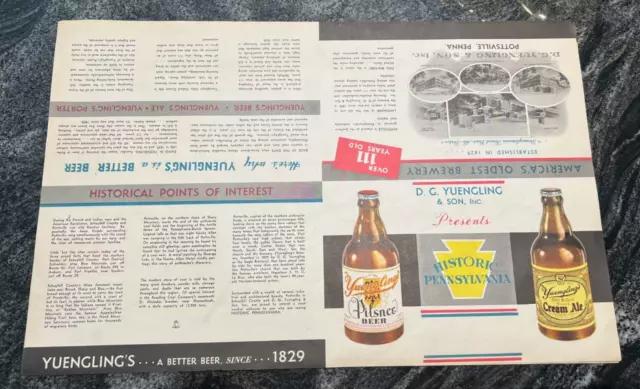 Unused 1940 Nos Yuengling Beer Fold Out Pamphlet Historic Pa W/ Map Pottsville