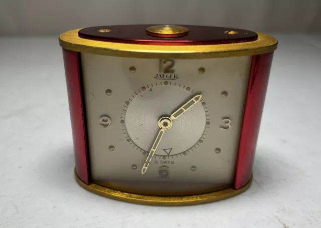 1950’s Jaeger LeCoultre Travel Clock Vintage 8 Day Swiss Red & Gold