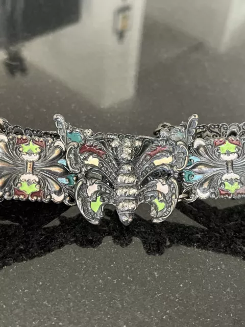 Antique French Art Nouveau Repousse Butterfly Buckle Belt Enamel Link 28” Deco