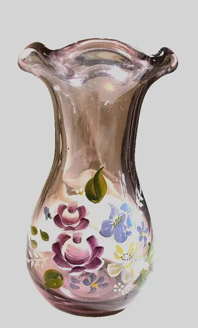 Vintage Fenton Amethyst Purple Glass Floral Hand Painted Vase