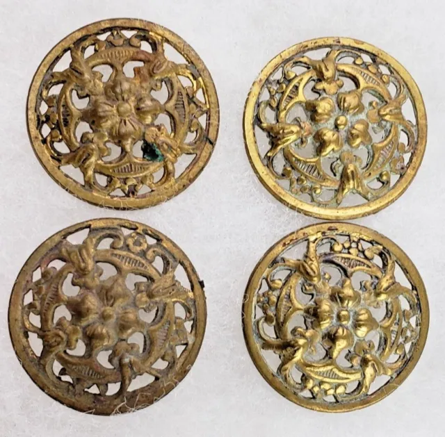 Lot of 4 Antique Victorian Large 1" Brass Buttons Ornate Floral Openwork Set Old