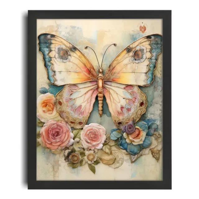 Shabby Chic Wall Art Vintage Butterfly Print Pastel Colours Artwork Pink Flowers