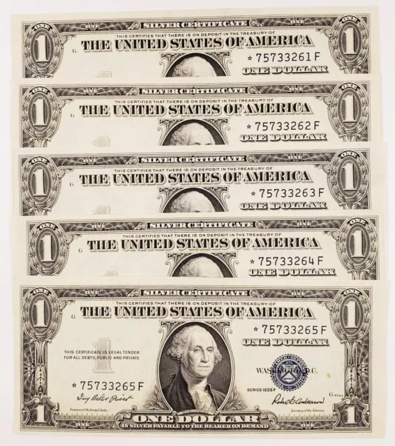 Lot of 5 Consecutive 1935-F Silver Certificate Star Notes FR #1615 AU