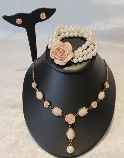 Pale Pink Rose Jewellery Set Lot Necklace Bracelet Earrings Faux Pearl Wedding