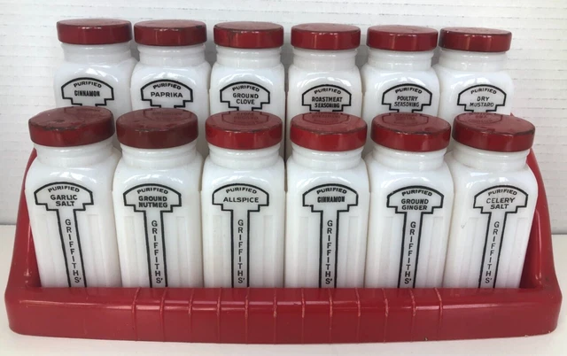 Vintage Griffith's Milk Glass Spice Jars With Hang Red Spice Rack & Caps 12 Jars Vintage Griffith's Milk Glass Spice Jars With Hang Red Spice Rack & Caps 12 Jars