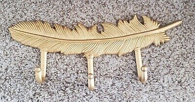 Gold Painted Solid Brass Large 14" Feather Coat Hat Hanger Wall Hanging 3 hooks