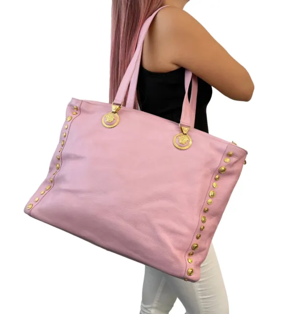 GIANNI VERSACE VINTAGE Medusa Logo Tote Bag Zip Pink Gold Leather Rank ...