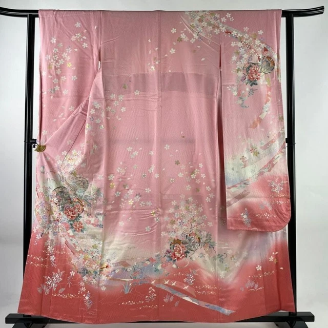 Japanese Kimono Furisode Pure Silk Hand Drum Cherry Blossom Gradation Pink Color