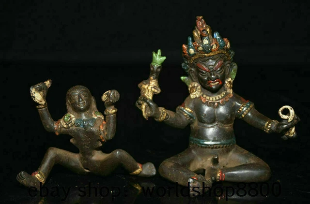 5.2" Rare Old Tibetan Bronze Color Painting Mandkesvara Mahakala Buddha Statue