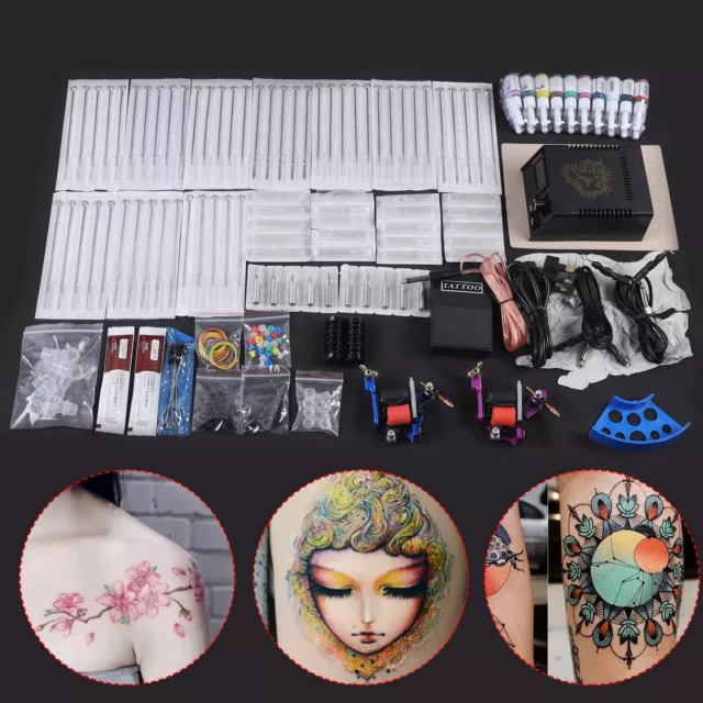 Komplett Set Tätowiermaschine 2 Tattoo Maschine 20 Farben Tinte Nadeln Kit Neu