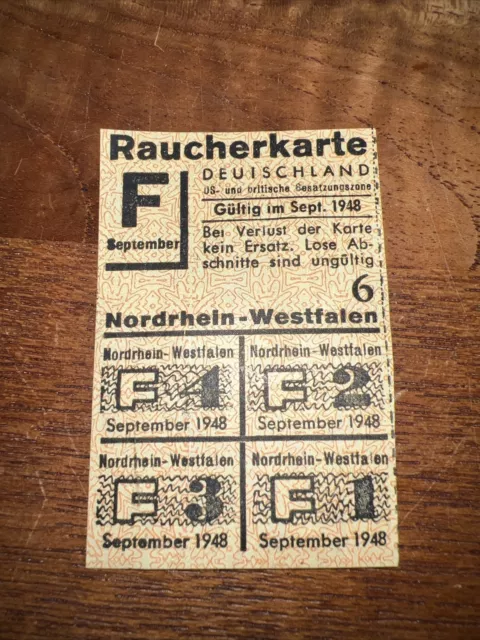 Zigaretten Bezugsmarken  Raucherkarte F Sept.1948 Tabak NRW
