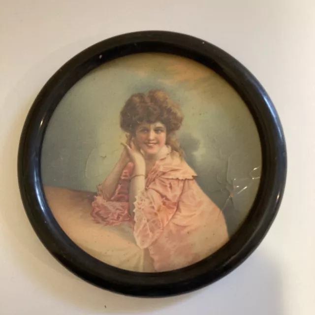 VTG Metal Picture Frame Maybe Tin with Picture of Old Fashioned Girl, No Glass