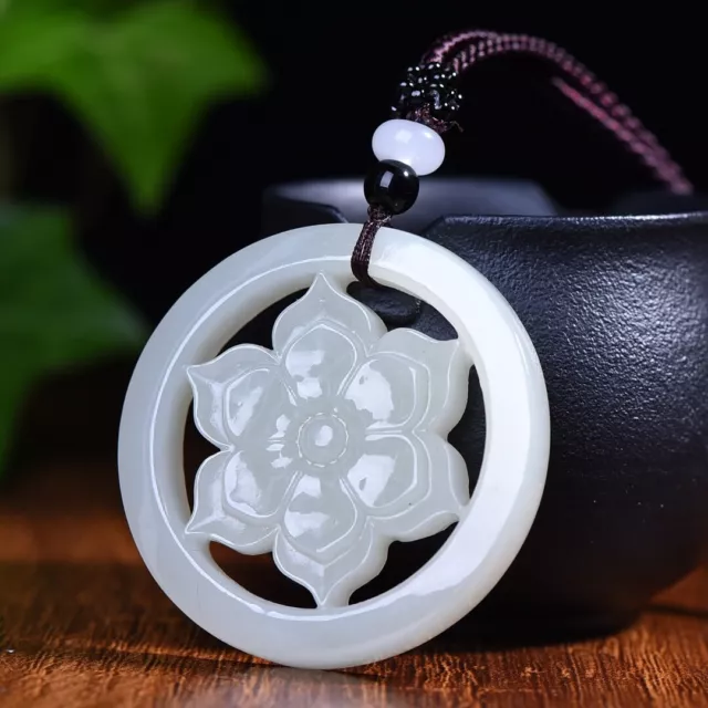 Chinese Hetian White Jade Hand Carving Ping An Lucky Flower Pendant 3