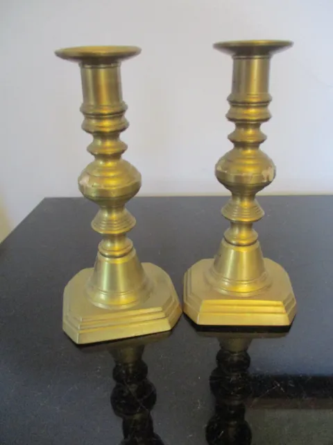 Pair Antique Victorian Brass Push Up 7-1/2" Candlestick Holders 19th Century