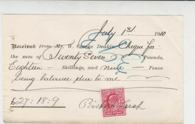 Received 1910 By Ritchard Luck Cheque For Money Owed Stamp Receipt Ref 36020