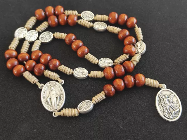 St Benedict Wood Rosary Cord Beaded Chaplet Wood Beads Saint Medal