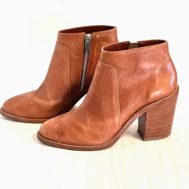 Loeffler Randall Ella Boots Womens 8 Rust Brown Leather Stacked Heel Booties Zip