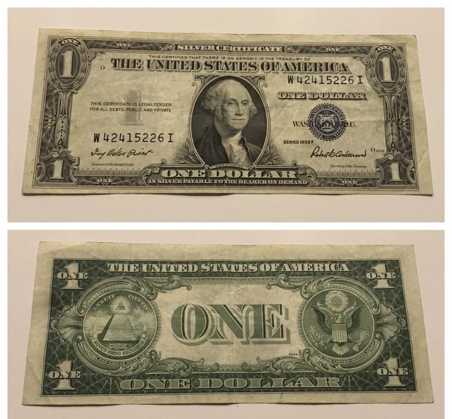 Vintage $1 Silver Certificate 1935-F One Dollar Bill Washington Blue Seal
