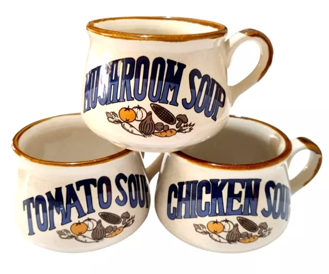 RETRO Vintage Soup Mugs x 3 Mushroom Tomato & Chicken Soup Bowl Collectable