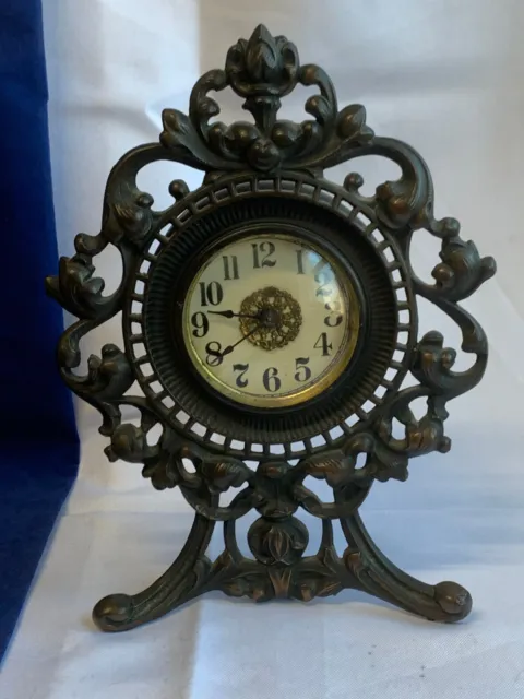 Antique 1902 Cast Iron Art Nouveau Mantel Clock  #422 Shelf Tabletop *WORKING*