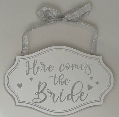 Here Comes The Bride Sign, white & silver with silver ribbon 