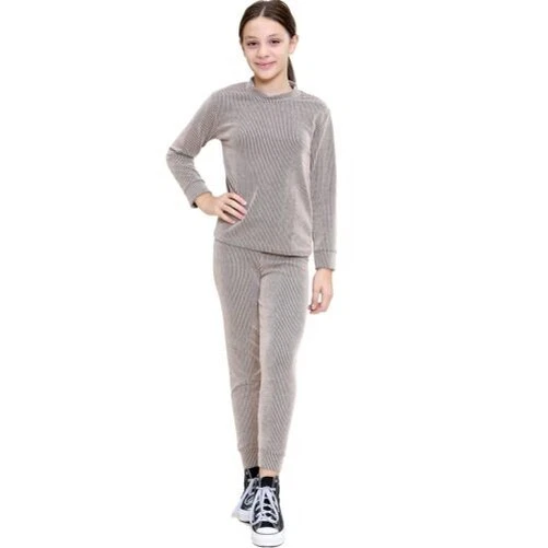 Bambine Top a Costine E Fondo Tuta Moca Abbigliamento Comodo Moda Completo Set
