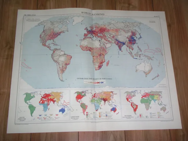 1958 Vintage Map Of World Mankind Population Density / Races Languages Religion