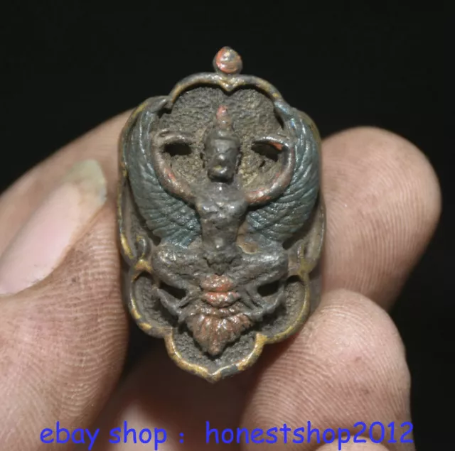 1,2" alte Tibet Bronze Malerei Redpoll Winged Garuda Bird Eagle Buddha Ring