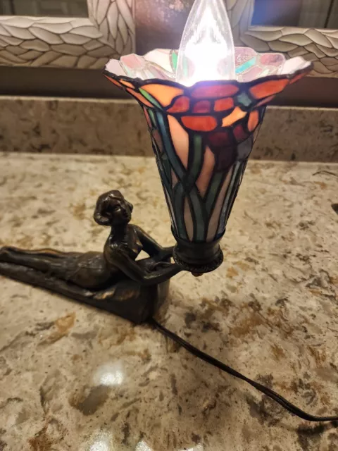 Art Deco Lady Lamp W/ Vintage Stained Glass Shade Works