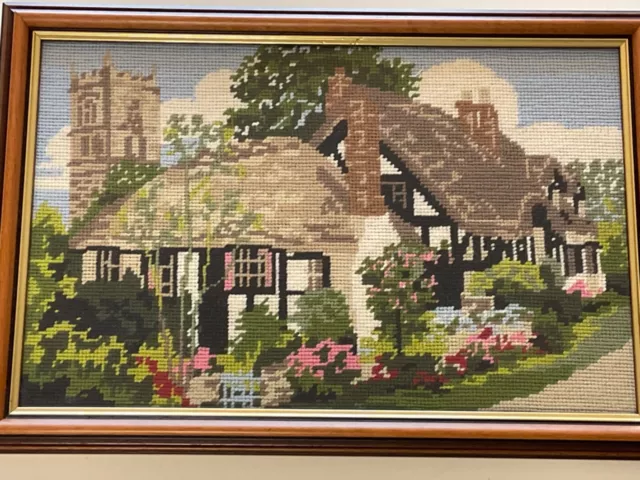 Framed Completed Tapestry Thatched Cottage scene 13.5" x 8.5"