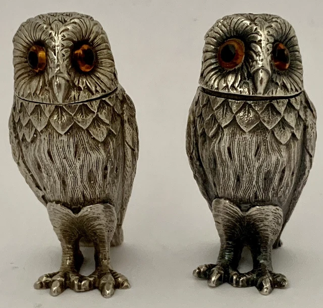 STERLING ENGLISH RICHARD COMYNS FIGURAL OWL SALT PEPPER SHAKERS GLASS EYES 1960s