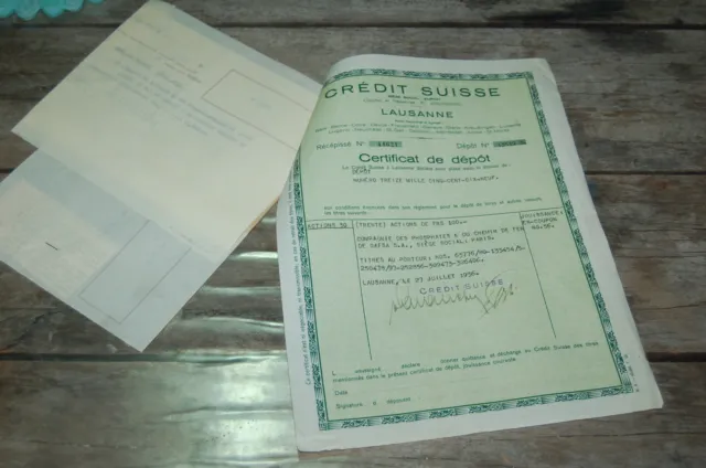 Papier ancien , crédit Suisse , Certificat de dépot , Zurich , 1937 /39 Lausanne
