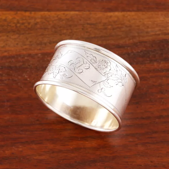 German ? Aesthetic 800 Silver Napkin Ring Engraved Florals Satin Finish Band