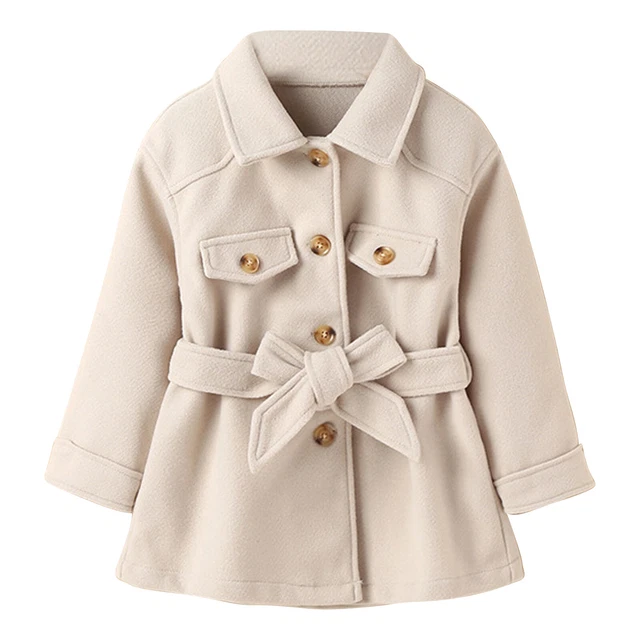 Kids Girls Warm Fleece Woolen Trench Coat Outerwear Jacket with Belt Outfits
