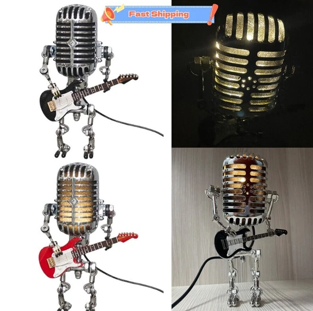 NEW VINTAGE MICROPHONE Robot Table Lamp Holding Guitar Light Gifts £23.