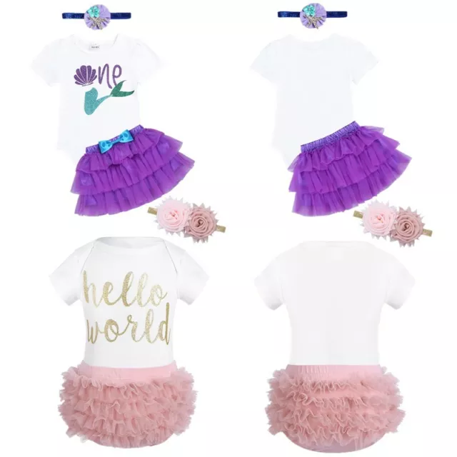 Baby Girl Birthday Party 3 Pieces Outfit Romper with Tutu Skirt and Headband Set