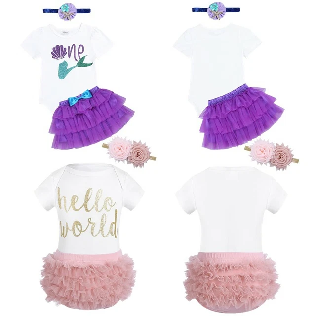 Baby Girl Birthday Party 3 Pieces Outfit Romper with Tutu Skirt and Headband Set