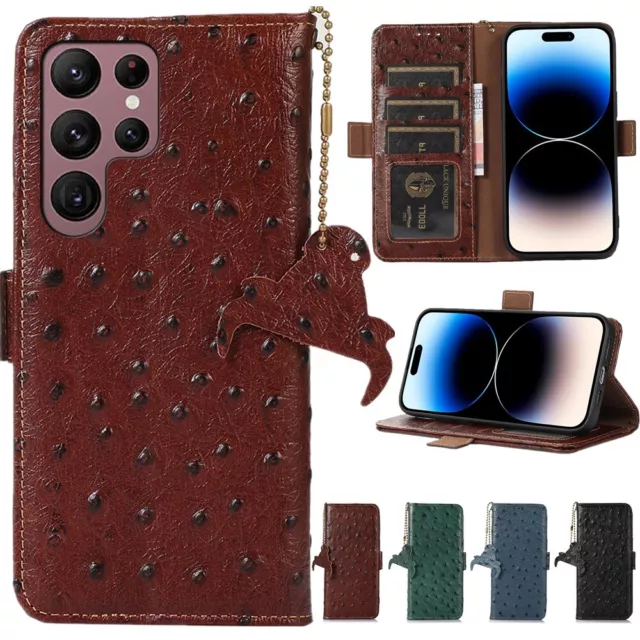 Ostrich Real Genuine Leather Case Flip Wallet Card Stand For Samsung S24 S23 S22