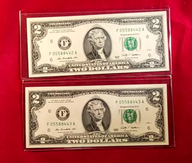 A PAIR (2) 2009 - $2.00 Federal Reserve Notes-ATLANTA (F) DIST. CHCU-IN SEQUENCE