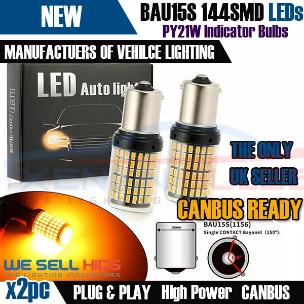 2X BAU15S PY21W 144SMD Amber LED Canbus Turn Signal Indicator Light Bulbs 12V UK