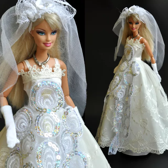 Nice 'WEDDING COLLECTION'-Barbie Doll White princes Dress (No.5) for xmas Gift