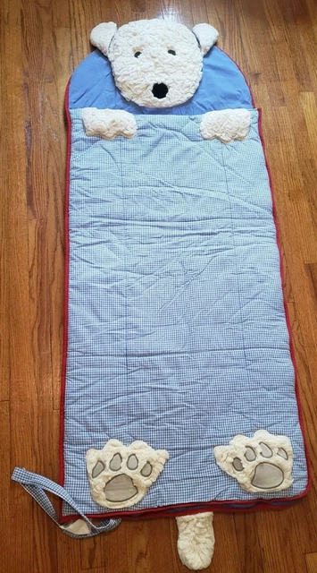 Pottery Barn Kids Sleeping Bag Fluffy Dog Blue Red White Paws Zippered Camping