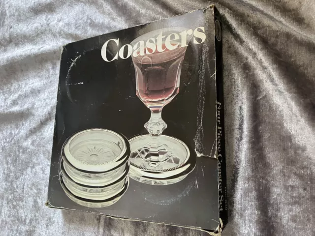 Vintage Italian Leonard Crystal & Silver Plated Glass Coasters 4 Sealed In Box 2