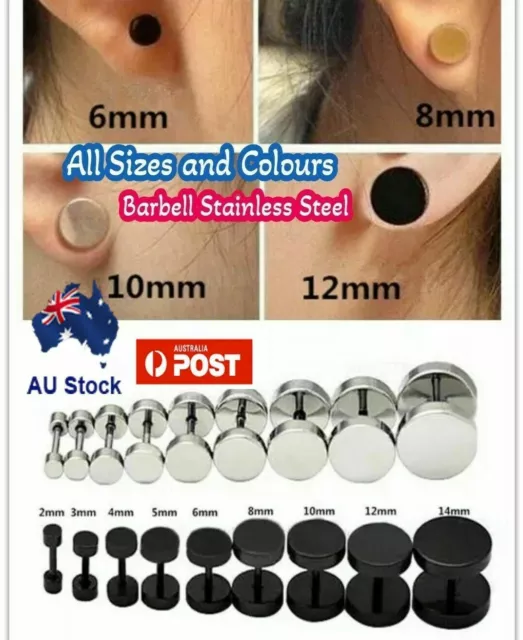 316 Black Flat Round Barbell Earrings Plug Gym Mens Mm Stud Stainless Steel Pair