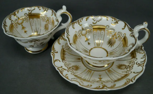 Davenport Gold Floral Scrollwork Tea Cup Coffee Cup & Saucer Trio C. 1835-1840 B